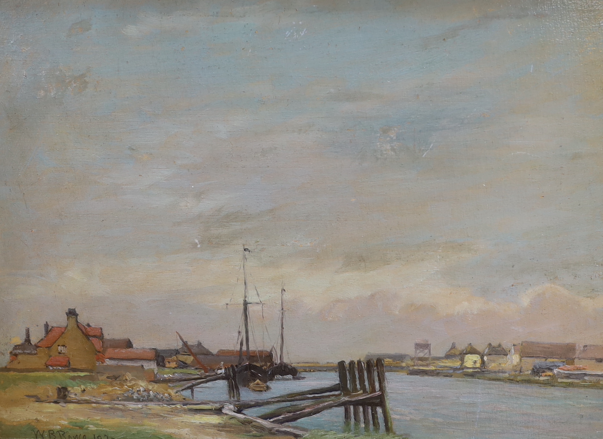 W B Rowe (1910-1955) pair of oils on board, Adur at Littlehampton, each signed, one dated 1920, 25 x 35cm